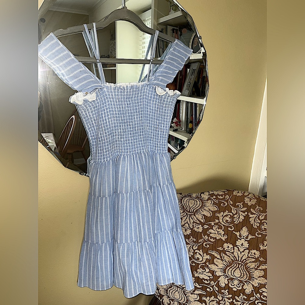 Blue and White Striped Off-the-Shoulder Mini Dress